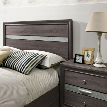 Modern Style 2-Piece Grey Storage Platform Bedroom Set with Panel Bed, Nightstand, and Sleek Silver Accents
