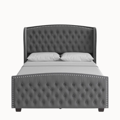 Velvet Queen Size Bed with Button Tufted Upholstery, Nailhead Trim, and Wingback Headboard