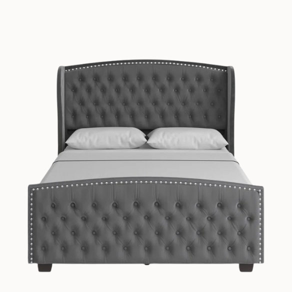 Velvet Queen Size Bed with Button Tufted Upholstery, Nailhead Trim, and Wingback Headboard