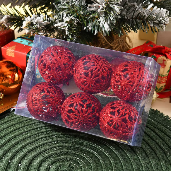Red Glitter Snowflake Christmas Ball Ornaments – Set of 6 Decorative Holiday Baubles
