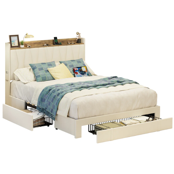 Upholstered Full/Double Bed Frame with 3 Drawers, Storage Headboard & Built-In Charging Station – Stylish & Functional Design