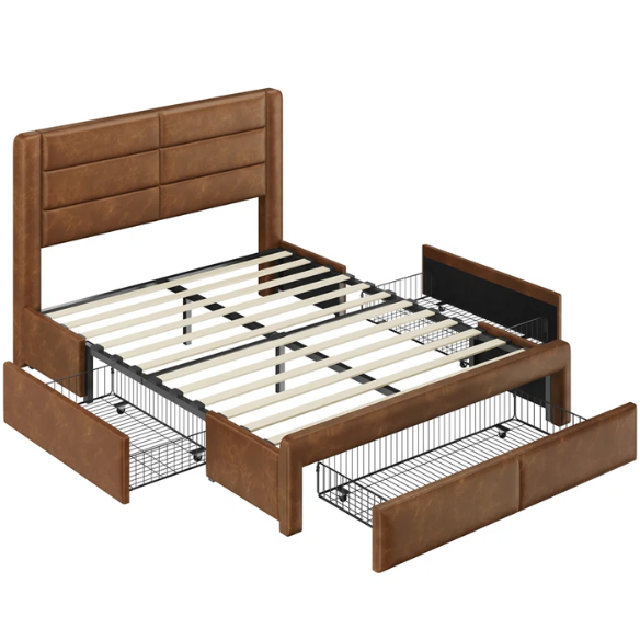 King Size Vegan Leather Metal Platform Storage Bed with 3 Drawers, Tufted Headboard, and Built-In USB Ports – Modern Design for Ultimate Comfort and Convenience