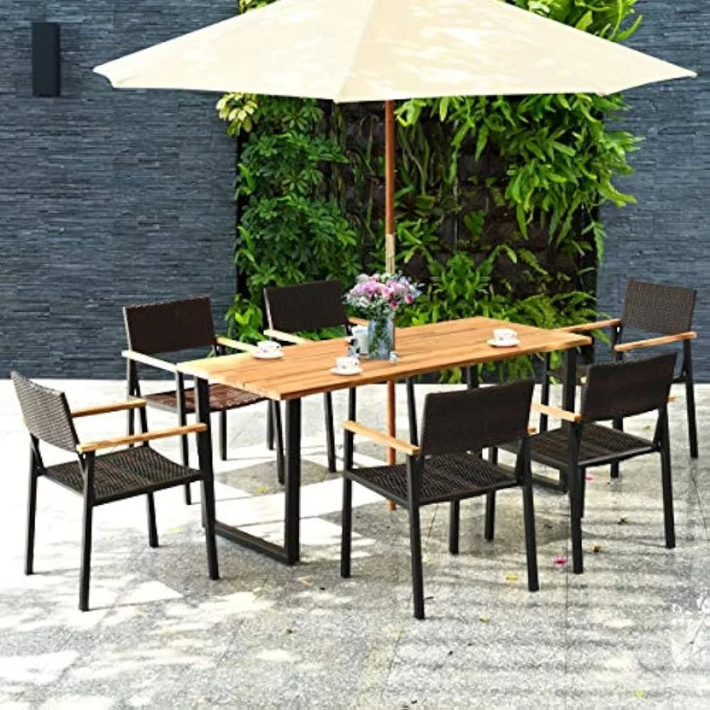 7 Pieces Patio Dining Set, Patented Patio Furniture Sets W/Large Rectangle Acacia Wood Table Top, Outdoor Furniture Dining Set