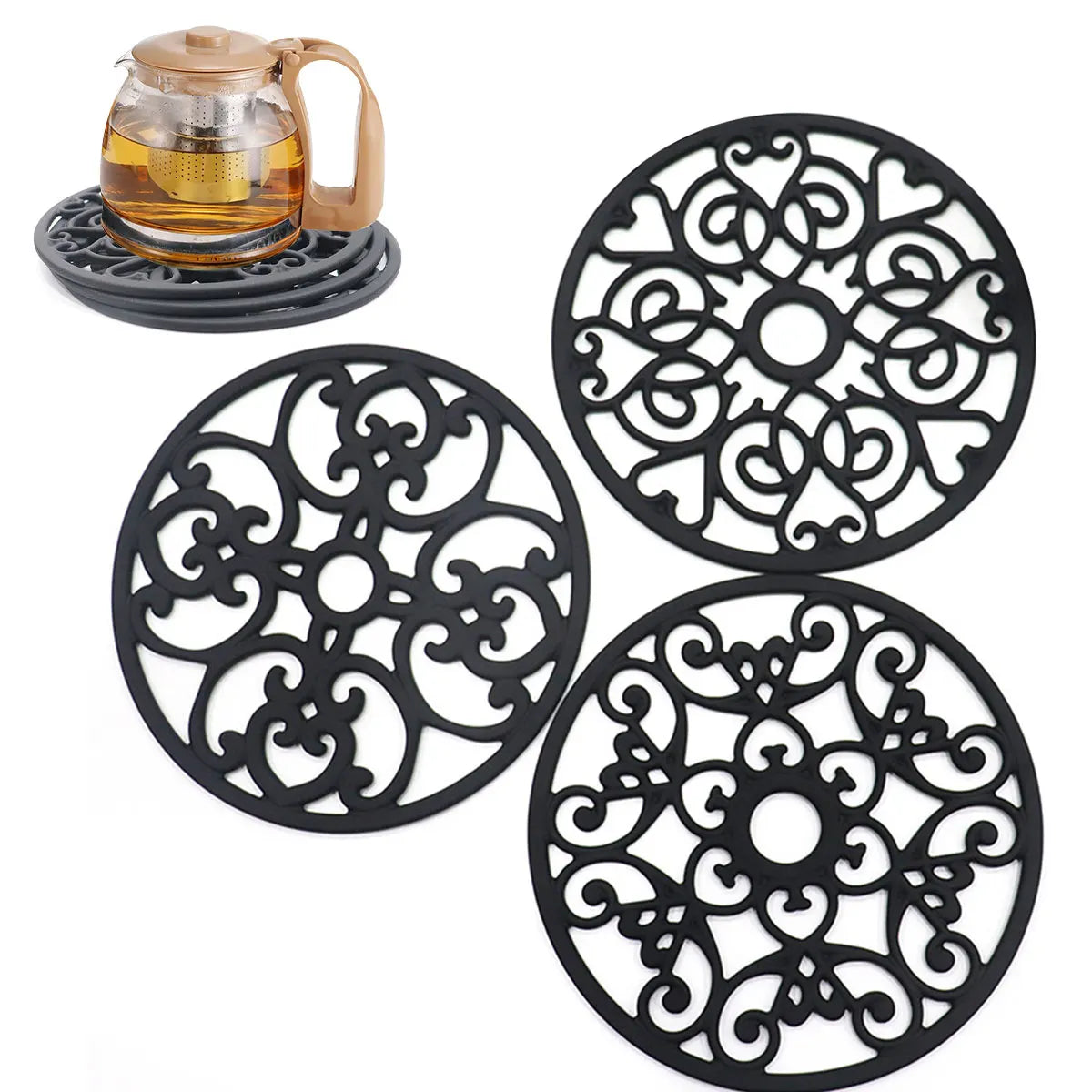 3Pcs Trivet Mat Silicone round Hollow Floral Pot Mat Heat Resistant Non-Slip Kitchen Table Pad Home Dining Countertop Decoration