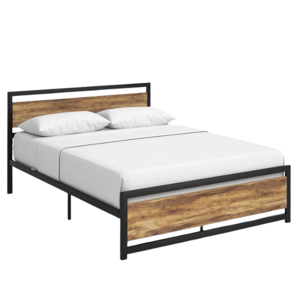 Queen Size Wood and Black Metal Frame Bed with Headboard – Modern Design with Rustic Distressed Wood Accents