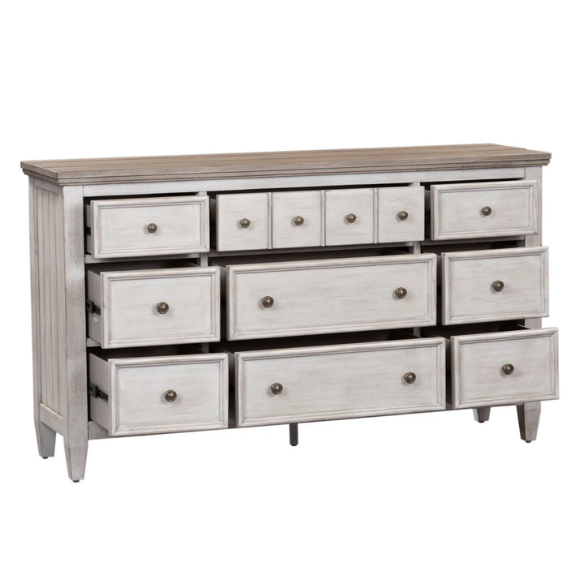 Transform Your Farmhouse Bedroom with the Queen Panel Bed, Dresser, Mirror, and Chest Set – Featuring Rustic Charm and Elegant Storage
