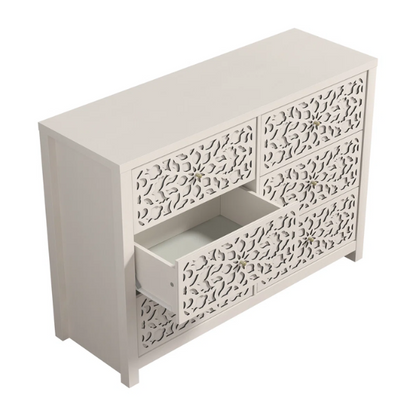 Boho-Inspired 45.4" 6-Drawer Dresser with Distressed Finish and Openwork Floral Details