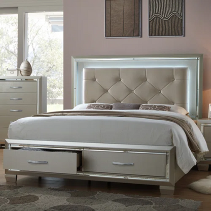 Elegant Glamour: 5-Piece Bedroom Set with Lustrous Platinum Dresser, Crystal and Chrome Handles – A Stunning, Star-Quality Collection to Elevate Your Bedroom Décor