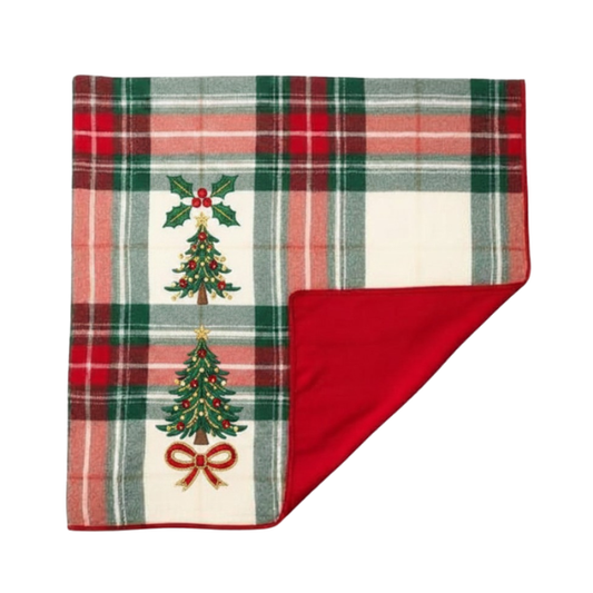 Christmas Plaid Tartan Blanket with Embroidered Holiday Details