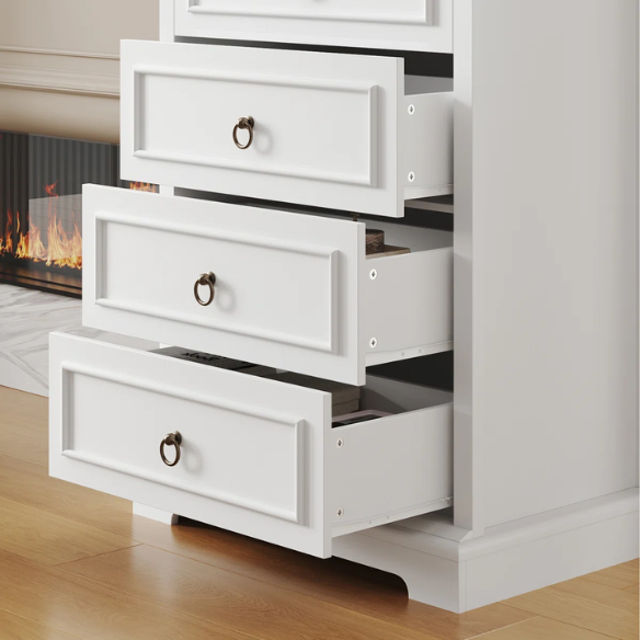 French Country-Inspired 5-Drawer Chest with Metal Ring Handles, Paneled Detailing, and Classic Crown Molding