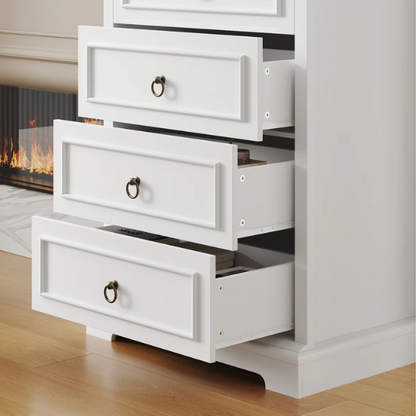 French Country-Inspired 5-Drawer Chest with Metal Ring Handles, Paneled Detailing, and Classic Crown Molding