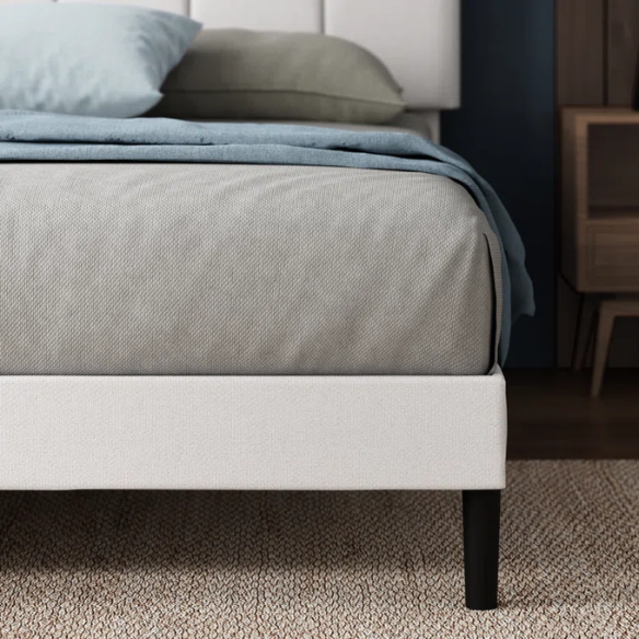 Modern King Size Upholstered Low Profile Platform Bed – Square-Tufted Headboard, Durable Steel Frame