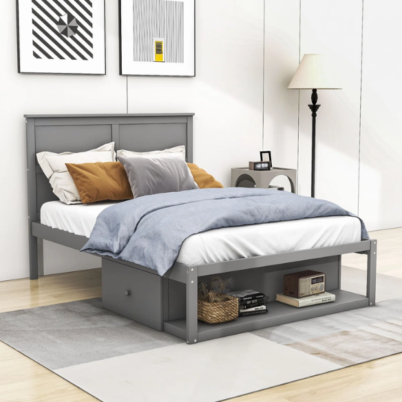 Gray Wooden Full Size Platform Bed with Headboard, 2 Drawers & Built-In Shelf – Stylish Storage & Functional Design