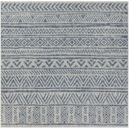 Striped Geometric Area Rug – Blue & Cream White, Durable Polypropylene, Low-Pile Design for High-Traffic Indoor/Outdoor Spaces