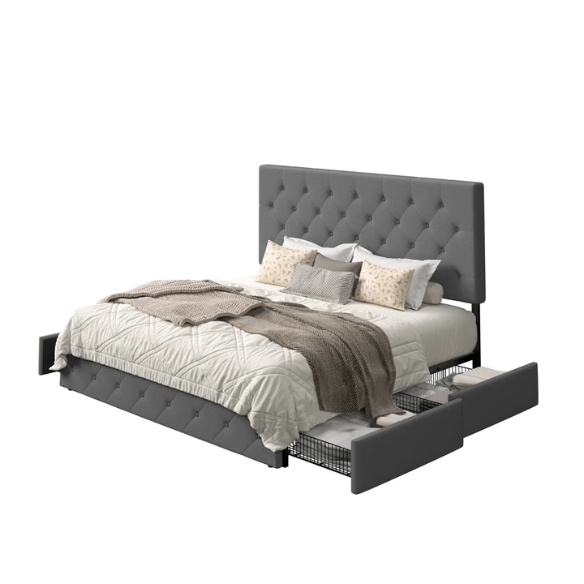 King Size Upholstered Platform Storage Bed with Spacious Drawers, Quiet Structure, and Sleek Minimalist Design