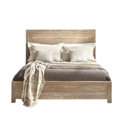 Rustic Solid Pine Wood King Size Panel Bed with Distressed Finish and Streamlined Headboard