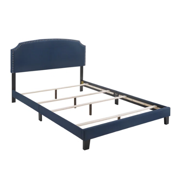 King Size Upholstered Standard Bed with Scooped Corner Headboard, Nailhead Trim, and Extra Support Feet – Classic Design with Adjustable Base Compatibility