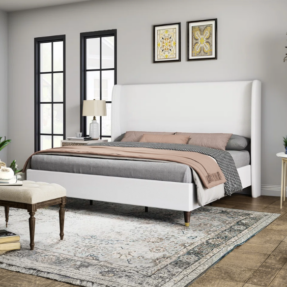 King Size Upholstered Platform Bed with Wingback Design, Foam-Padded Linen Headboard, and Steel Reinforced Frame