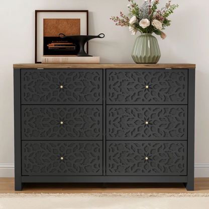 Boho-Inspired 45.4" 6-Drawer Dresser with Distressed Finish and Openwork Floral Details