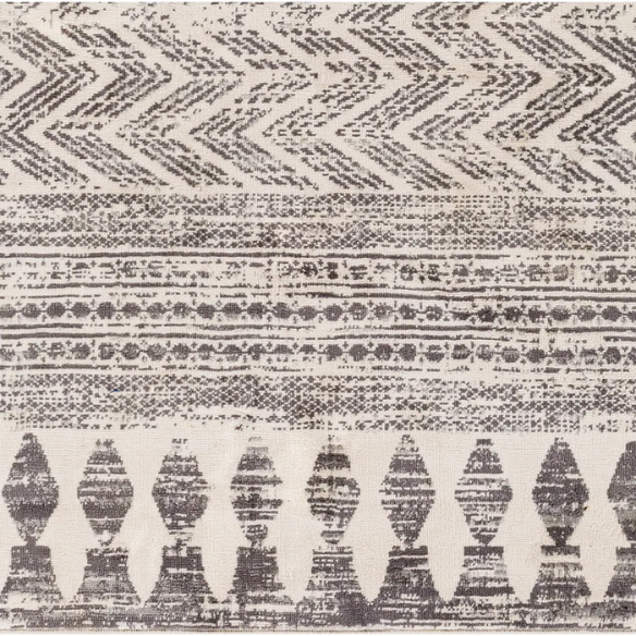 Southwestern-Inspired Geometric Rug – Dark Grey Diamond, Chevron & Dot Patterns on Off-White, Stain-Resistant, Perfect for High-Traffic Areas