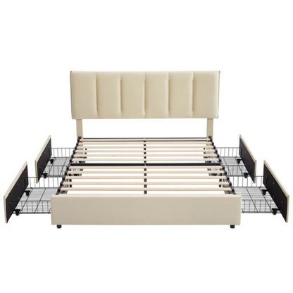 Velvet Upholstered Queen Size Platform Bed with Adjustable Headboard and 4 Storage Drawers
