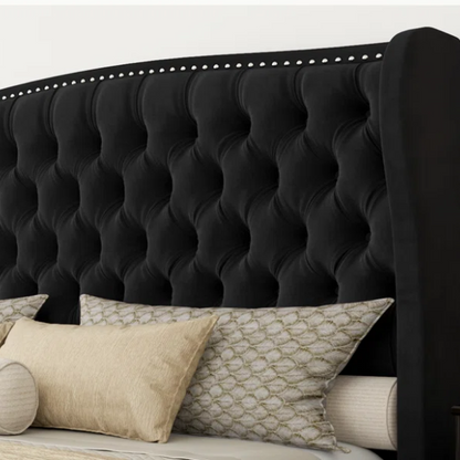 Velvet Queen Size Bed with Button Tufted Upholstery, Nailhead Trim, and Wingback Headboard