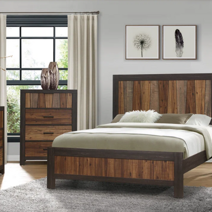 3-Piece Dark Ebony and Rustic Mahogany Modern Panel Bedroom Set – Embossed Faux-Wood Veneer, Rich Acacia Tones, and Dark Metal Hardware