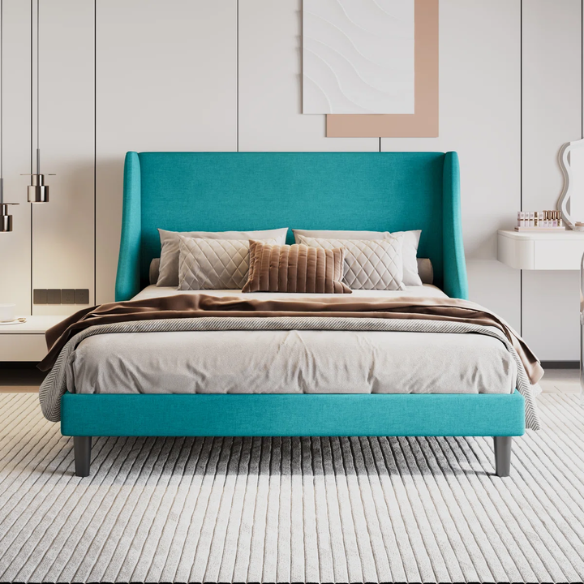Modern Queen Size Upholstered Platform Bed with Deluxe Wingback and Linen Blend Fabric