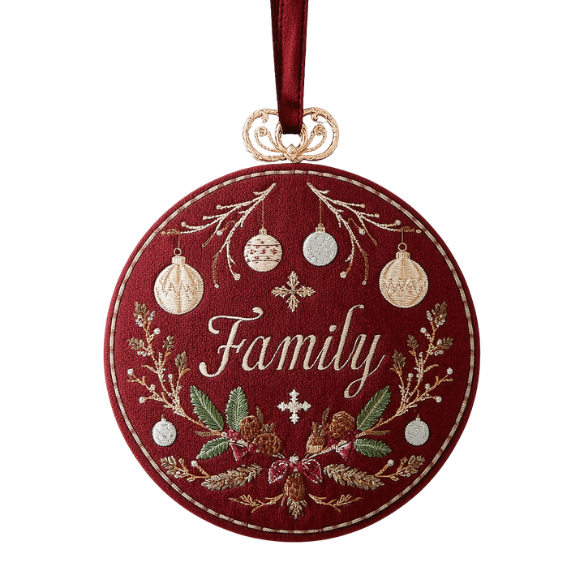 Family Christmas Ornament - Deep Red Embroidered Fabric with Gold Accents and Ribbon