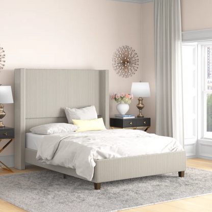 Queen Size Upholstered Wingback Platform Bed in Ribbed Corduroy Fabric