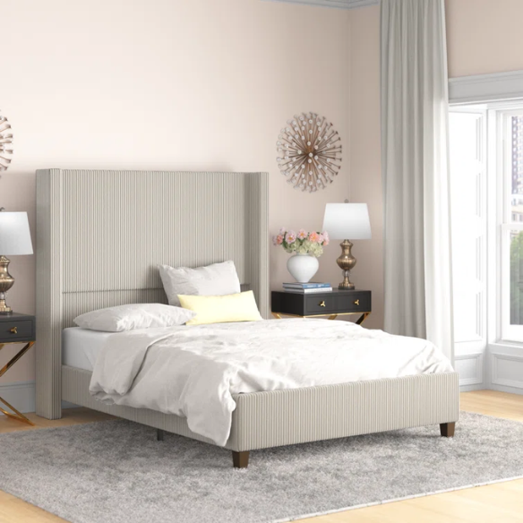 Queen Size Upholstered Wingback Platform Bed in Ribbed Corduroy Fabric