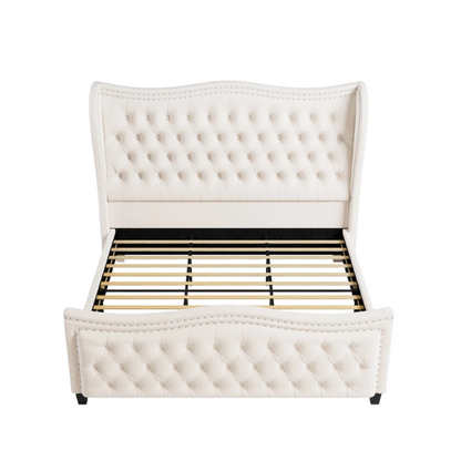 Gem-Tufted Queen Size Upholstered Wingback Bed with Curved Design