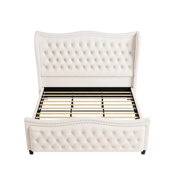 Gem-Tufted Queen Size Upholstered Wingback Bed with Curved Design