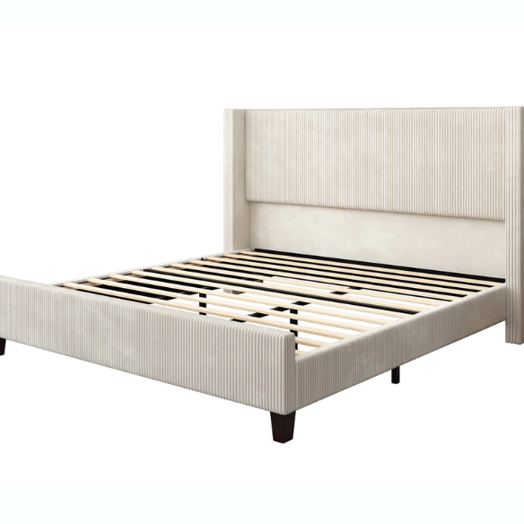 Modern King Size Corduroy Upholstered Bed with Wingback Design – Solid Wood and Metal Frame with Tapered Legs and Extra Cushioned Comfort