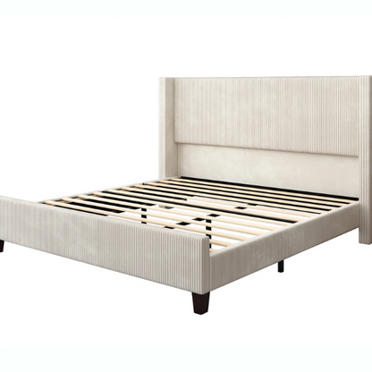 Modern King Size Corduroy Upholstered Bed with Wingback Design – Solid Wood and Metal Frame with Tapered Legs and Extra Cushioned Comfort