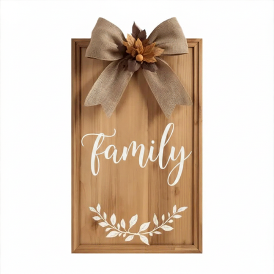 Family Wooden Wall Sign with Burlap Bow and Leafy Branch Accent