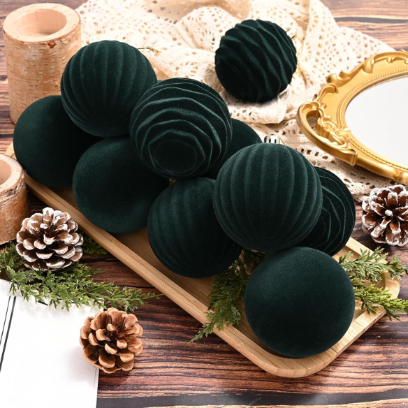 Dark Green Velvet Christmas Ball Ornament Set – 9-Piece Luxury Holiday Décor (10 cm / 3.94 in)
