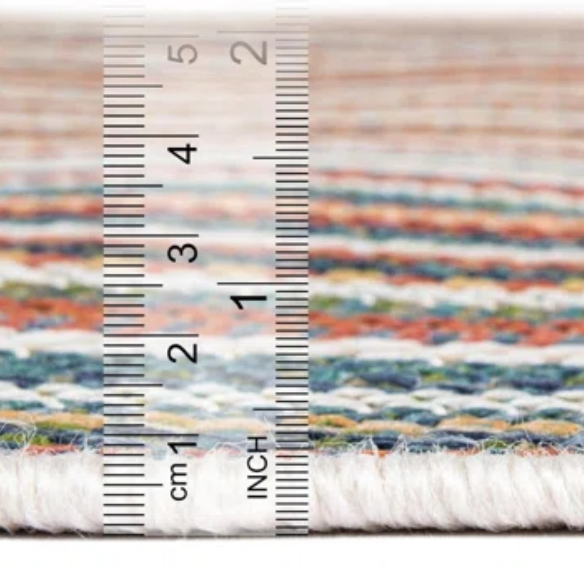 Coastal-Inspired Geometric Rug – Fade & Stain-Resistant, Green & Orange Pattern, Ideal for Indoor/Outdoor Use