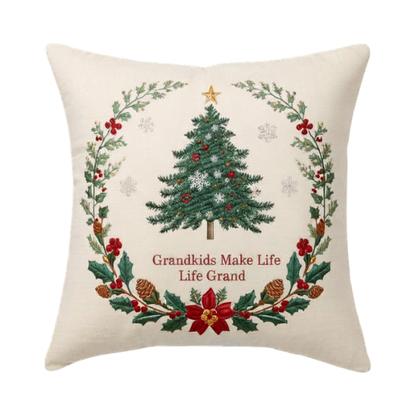 Off-White Embroidered Throw Pillow with Christmas Wreath and 