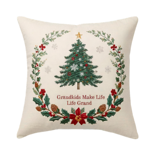 Off-White Embroidered Throw Pillow with Christmas Wreath and "Grandkids Make Life Grand" Text
