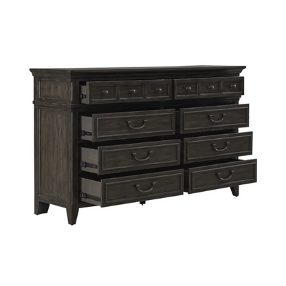 Timeless Queen Bedroom Set with Saddle Brown Panel Bed, Dresser, Mirror, and Antique Pewter Hardware