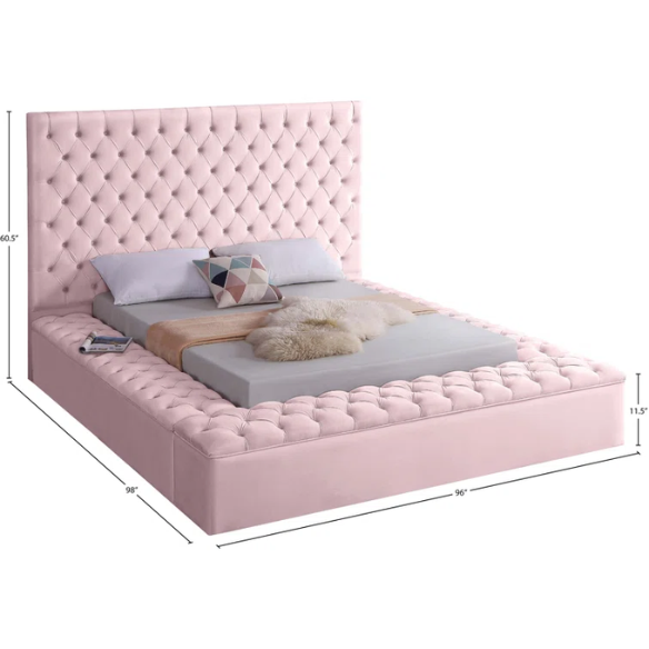 Elegant Velvet Upholstered King Size Platform Storage Bed with Tufted Headboard and Slats