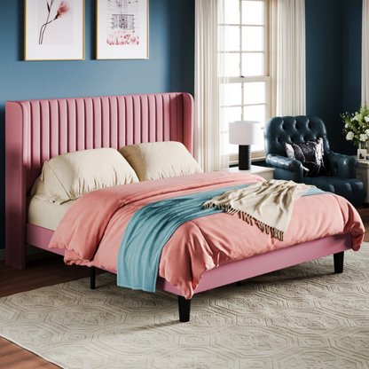 Luxurious King Size Upholstered Velvet Platform Bed with Modern Wingback Headboard – Heavy-Duty Steel Frame, No Box Spring Needed, and Ample Under-Bed Storage