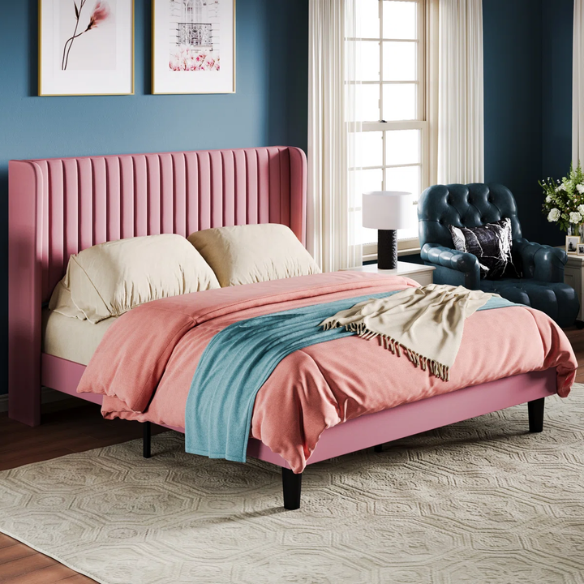 Luxurious King Size Upholstered Velvet Platform Bed with Modern Wingback Headboard – Heavy-Duty Steel Frame, No Box Spring Needed, and Ample Under-Bed Storage