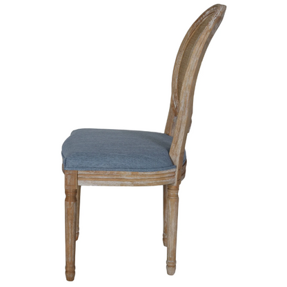 Light Denim Blue Upholstered Dining Chairs with Wicker Back and Natural Wood Frame (Set of 2) – French Country Farmhouse Accent Seating