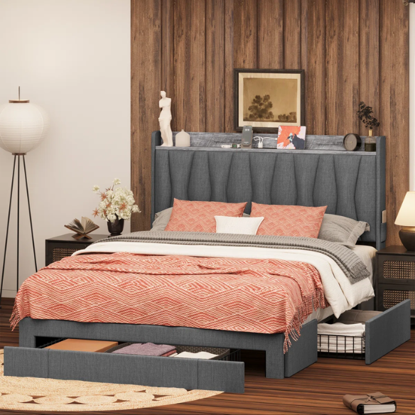 Upholstered Full/Double Bed Frame with 3 Drawers, Storage Headboard & Built-In Charging Station – Stylish & Functional Design