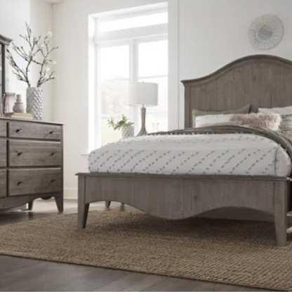 Rustic Charm Meets Chic Elegance: Solid Wood Platform King Size Bedroom Set with Scalloped Edges, Weathered White Wash Finish, Unique Grain Patterns, Angled Feet, and Oil-Rubbed Bronze Drawer Pulls