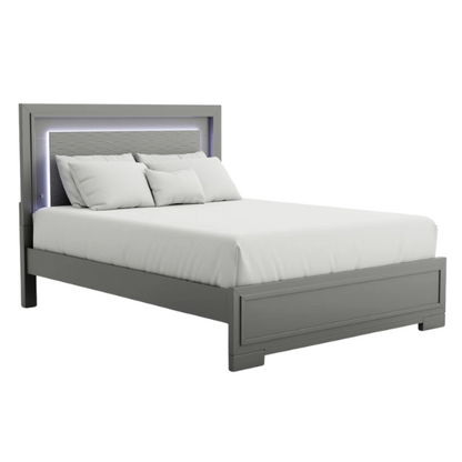 Contemporary 6-Piece Queen Bedroom Set in Solid Grey with LED-Illuminated Headboard, Textured Panels, and Eco-Friendly Rubberwood Construction