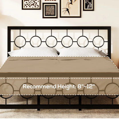 Modern King Size Metal Open-Frame Platform Bed with Art Deco-Inspired Circle Medallion Details – Sleek, Clean-Lined Design with Sturdy Metal Frame and Minimalist Aesthetic