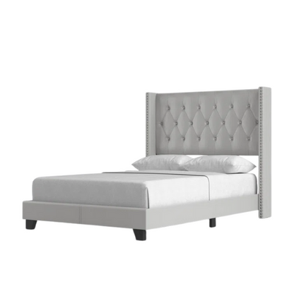 King Size Upholstered Low-Profile Bed with Wingback Headboard, Button Tufting, and Nailhead Trim – Glamorous, Traditional Design with Flared Legs